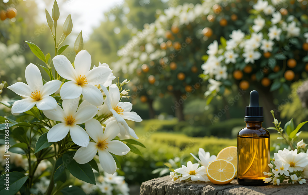 orange essential oil bottle against oranges garden. Ai generated