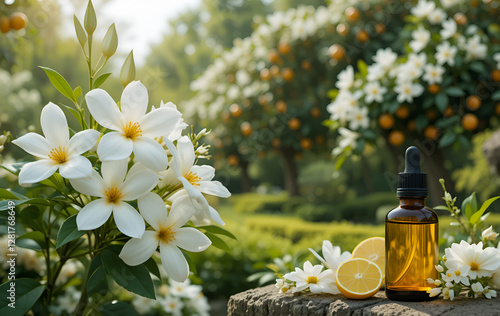 Obraz na płótnie orange essential oil bottle against oranges garden. Ai generated w salonie