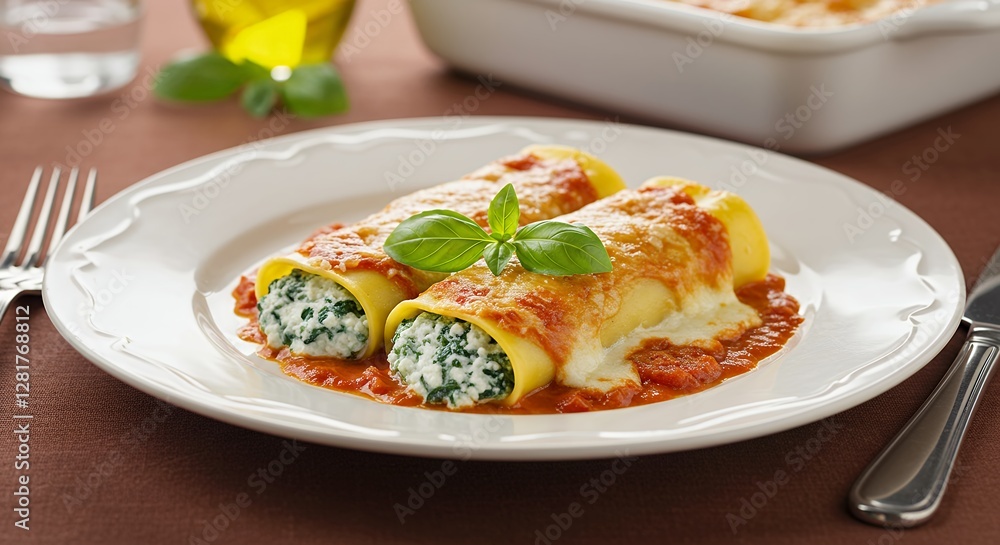 Delicious Cannelloni with Spinach and Ricotta Cheese in Tomato Sauce Delicious Cannelloni with Spinach and Ricotta Cheese in Tomato Sauce