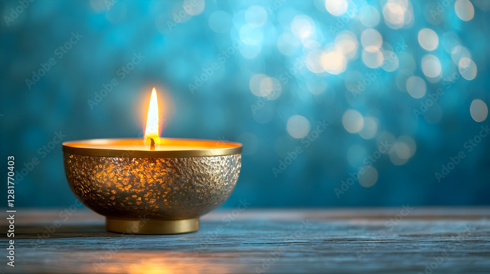 Golden candle against blue bokeh background on wooden table Golden candle against blue bokeh background on wooden table
