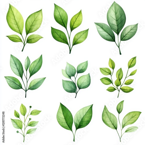 Watercolor Green Leaf Collection on White Background Botanical Illustration for Spring Designs