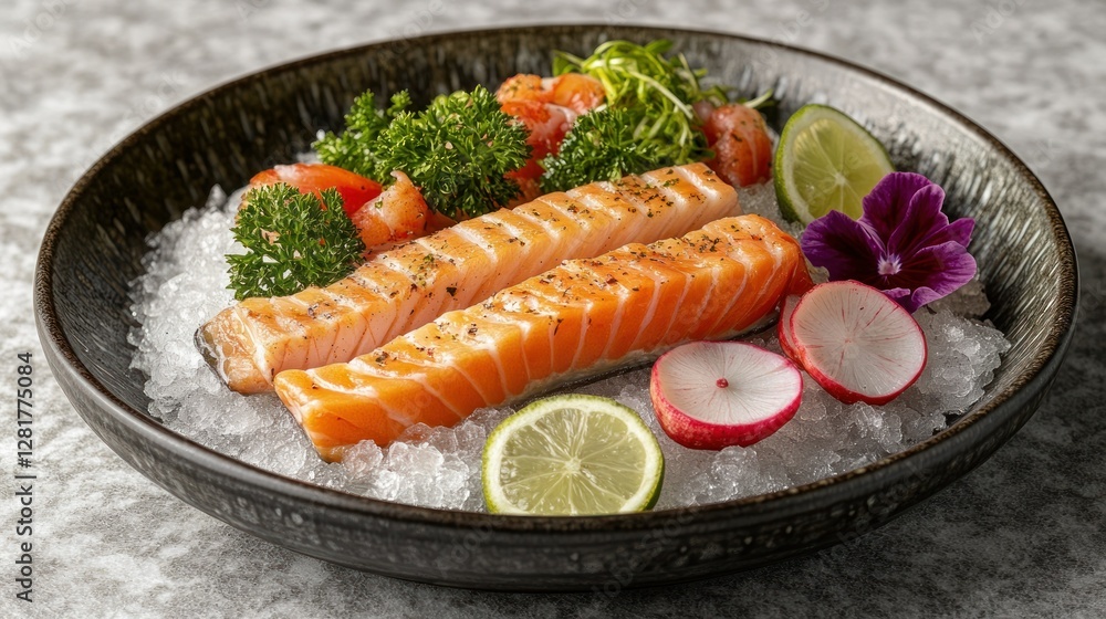 Grilled Salmon Sashimi on Ice, garnished with herbs, radish, and lime slices, on a stone countertop Grilled Salmon Sashimi on Ice, garnished with herbs, radish, and lime slices, on a stone countertop