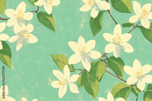 Wallpaper Mural A painting of a tree with white flowers. Vintage floral pattern with small white flowers and leaves on a turquoise background, a seamless vector fabric texture design for textile print Torontodigital.ca