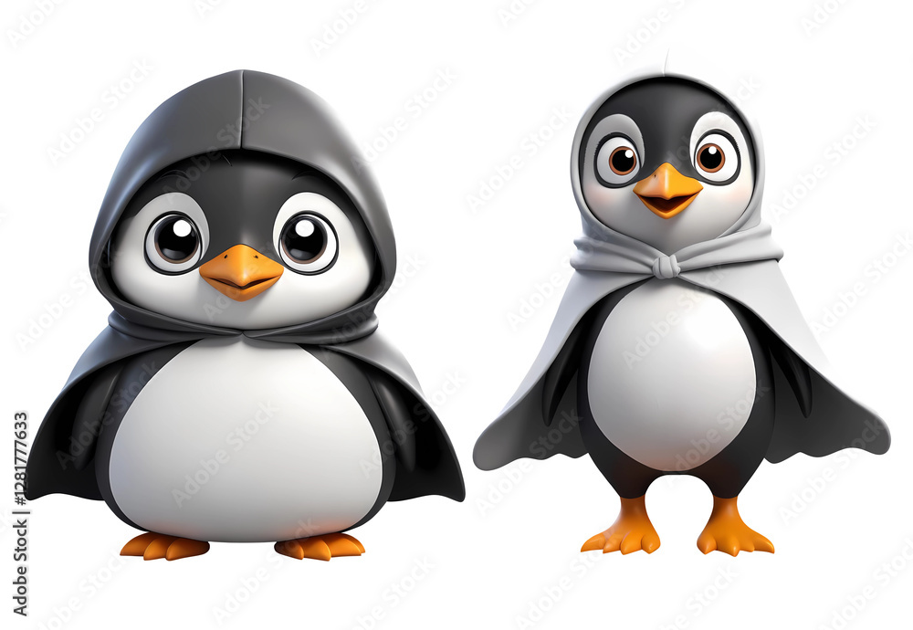 Fototapeta premium 3d rendering cute black and white penguin wearing hooded cloak cartoon characters isolated on transparent background, PNG file add