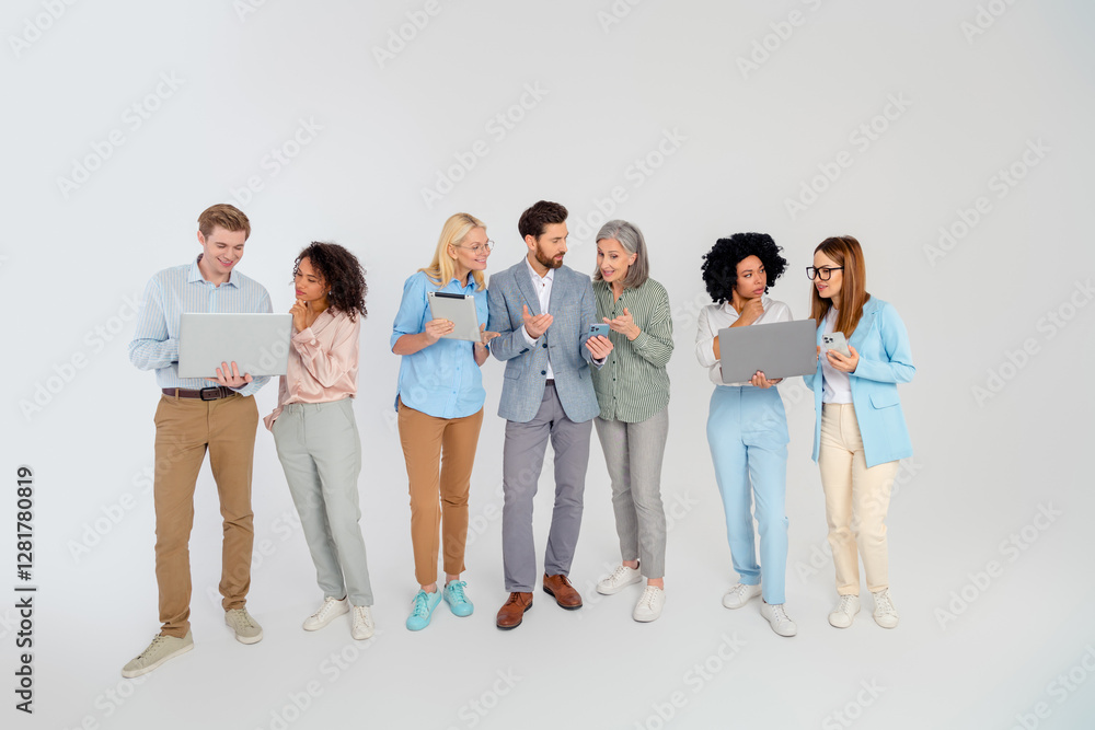 Naklejka premium Group of diverse professionals working together on grey background, teamwork for collaboration