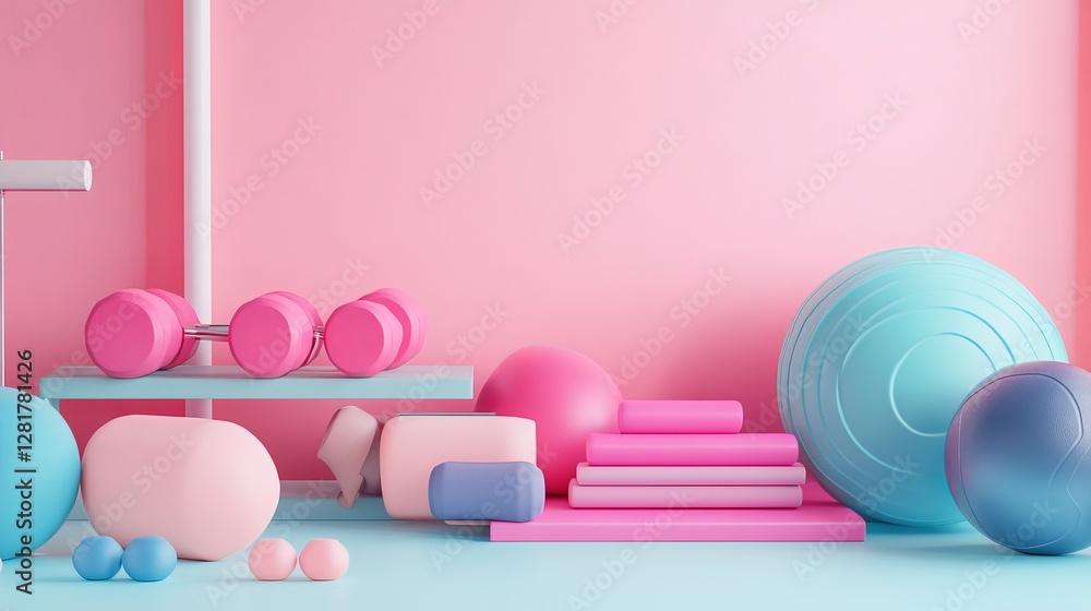 A 3D-rendered abstract display of sports and fitness equipment, symbolizing an active lifestyle and weight loss, presented in a pastel-colored gym mockup A 3D-rendered abstract display of sports and fitness equipment, symbolizing an active lifestyle and weight loss, presented in a pastel-colored gym mockup