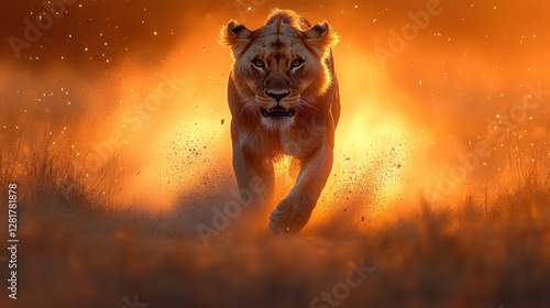 Fierce lioness running towards camera at sunset, dust and fire-like background.
