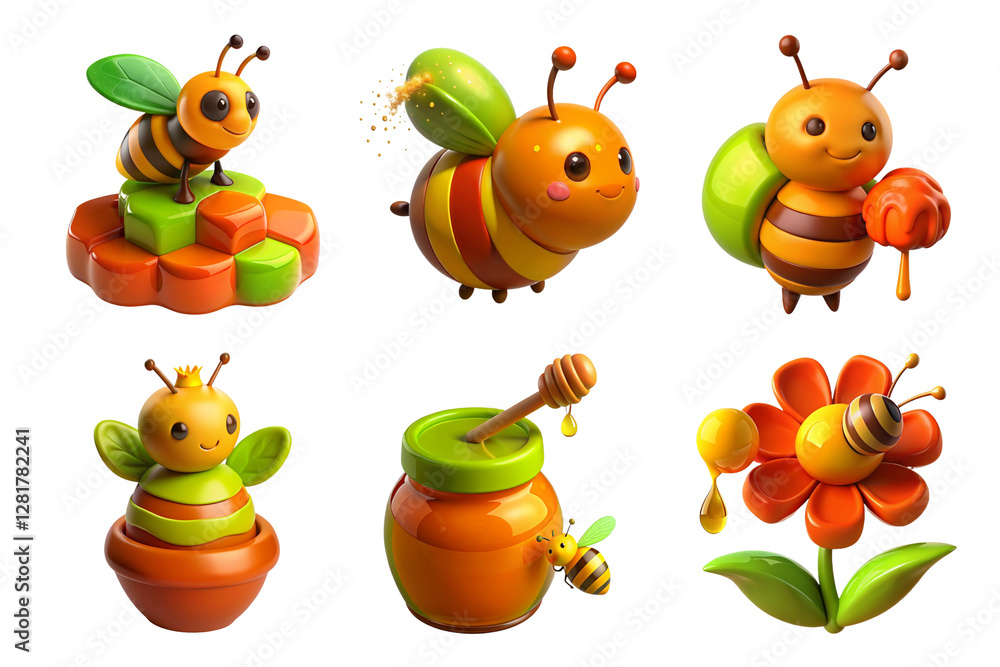 Obraz premium Cute 3d cartoon bees with honey and flowers in vibrant colors