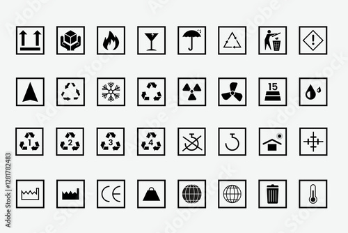 Fragile package icon set. Packaging and warning symbol vector set, Recycle sign or Packaging sign vector symbol used on packaging