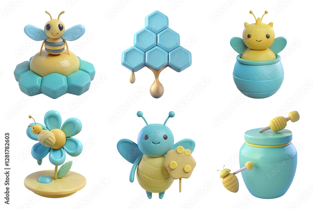 Fototapeta premium Cute 3d bees and honeycomb in colorful, playful design