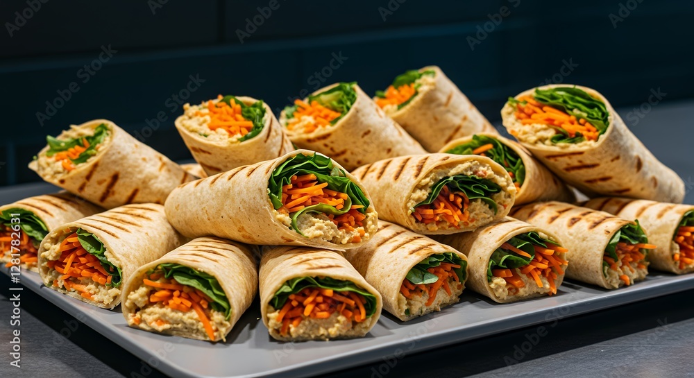 Fototapeta premium Delicious Hummus Wraps with Carrots and Spinach on Serving Tray
