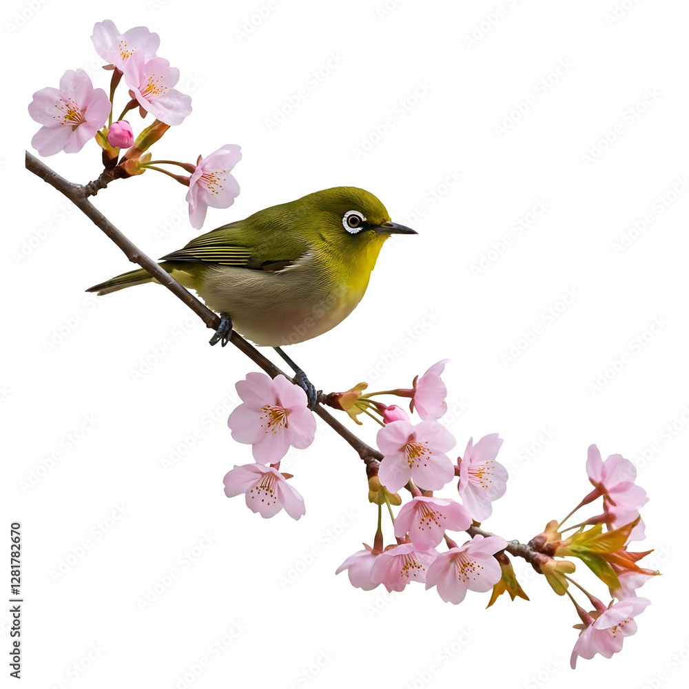 Springtime Warbler Perched on Cherry Blossom Branch Springtime Warbler Perched on Cherry Blossom Branch