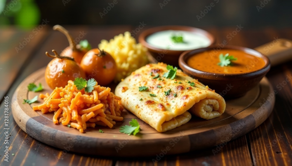 Indian cuisine dishes arranged on a wooden board , food arrangement, chutney, paneer Indian cuisine dishes arranged on a wooden board , food arrangement, chutney, paneer