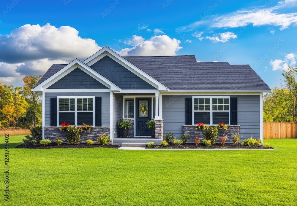 A gray Craftsman-style house with white trim, green grass in the front yard, and potted plants on the porch. A gray Craftsman-style house with white trim, green grass in the front yard, and potted plants on the porch.