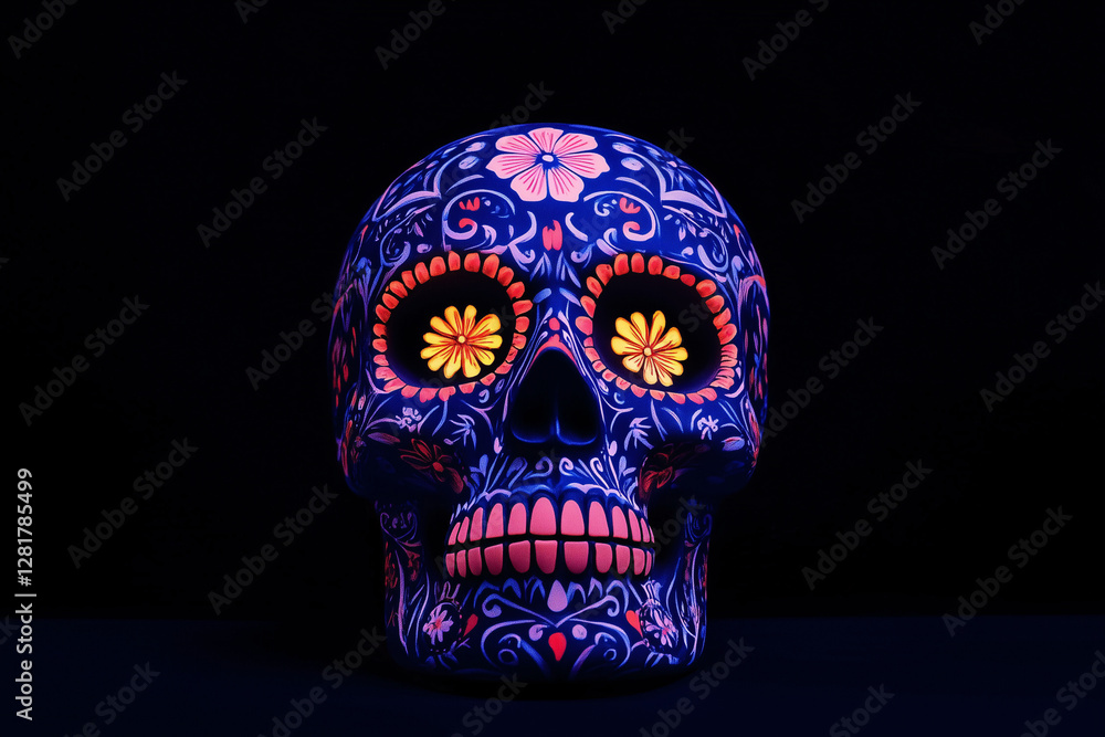 Día de Muertos Skull: A vibrant, intricately decorated sugar skull, a central symbol of Día de Muertos (Day of the Dead), glows against a black backdrop. Día de Muertos Skull: A vibrant, intricately decorated sugar skull, a central symbol of Día de Muertos (Day of the Dead), glows against a black backdrop.