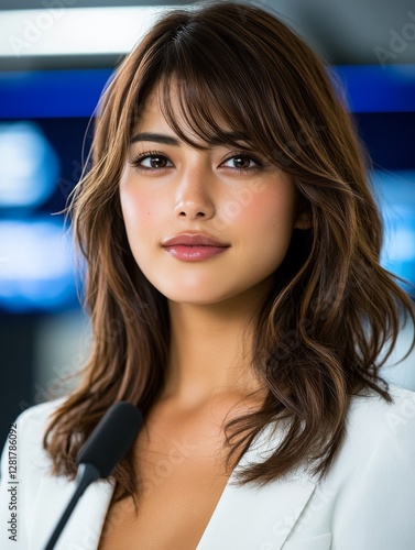 Woman with smooth hair and natural makeup stands confidently while speaking at a conference in a modern venue Free Download Woman with smooth hair and natural makeup stands confidently while speaking at a conference in a modern venue - GFXLoad