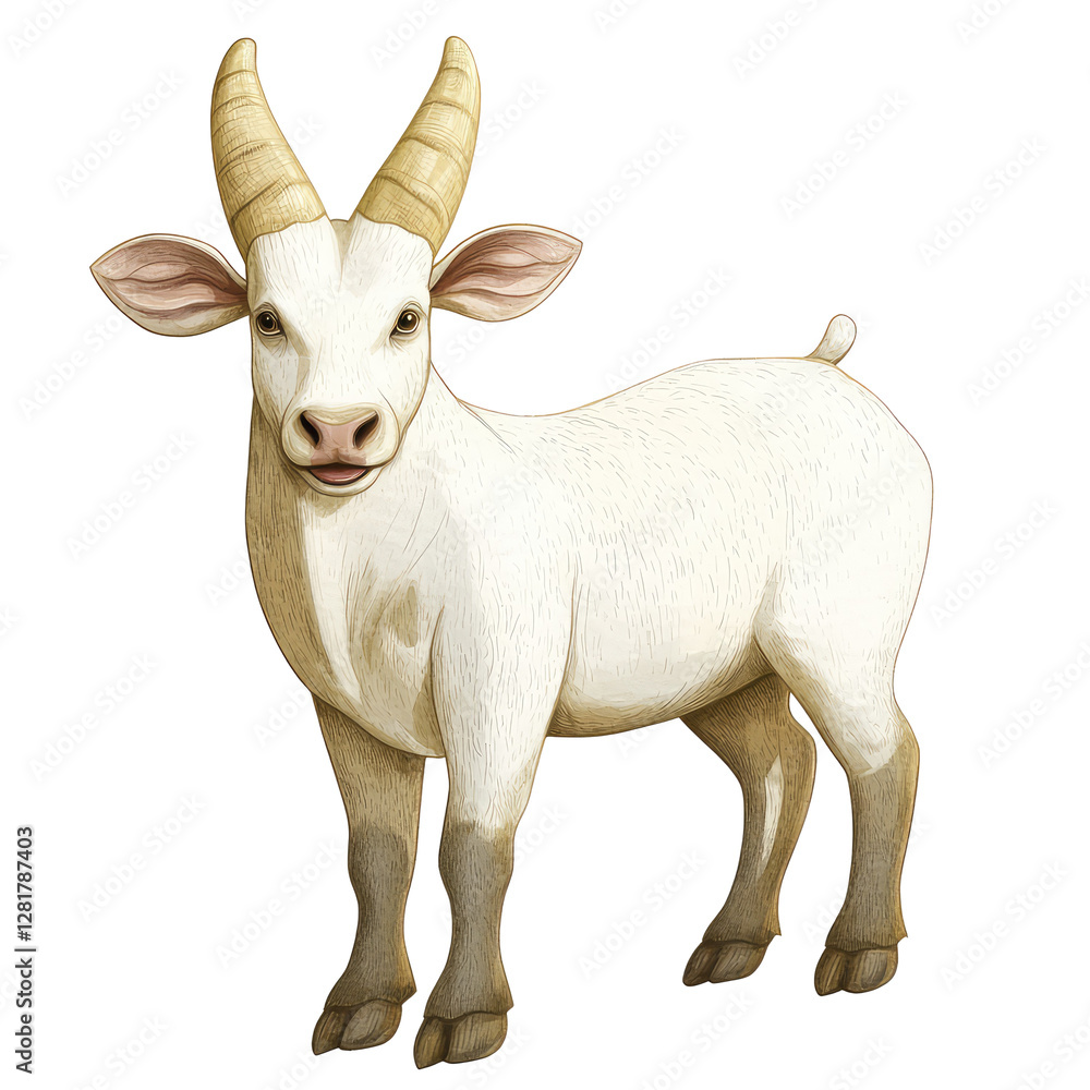 Obraz premium Cute Illustrated White Banteng with Curved Horns Standing Gracefully in a Natural Setting