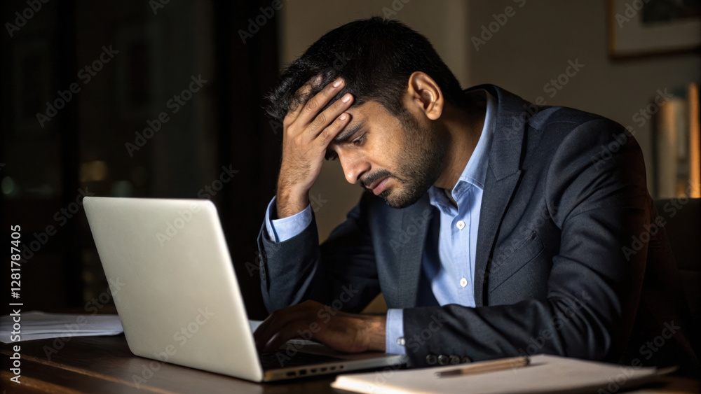 South Asian man in suit shows distress while working on laptop at night South Asian man in suit shows distress while working on laptop at night