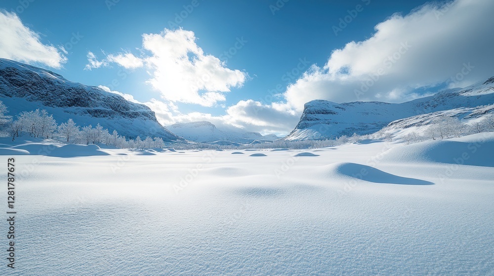 Sunlit snow-covered valley between majestic snow-capped mountains under a vibrant blue sky. Sunlit snow-covered valley between majestic snow-capped mountains under a vibrant blue sky.