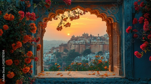 Sunset View Through Ornate Window Frames Indian Palace