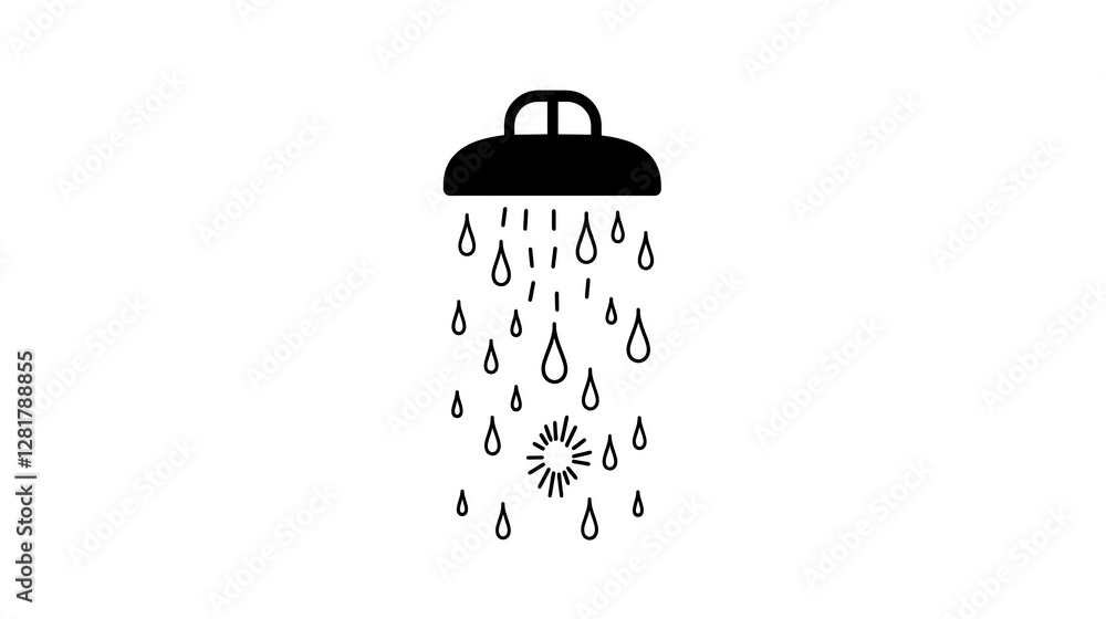 Simple Black Shower Icon with Water Droplets on White Background Simple Black Shower Icon with Water Droplets on White Background