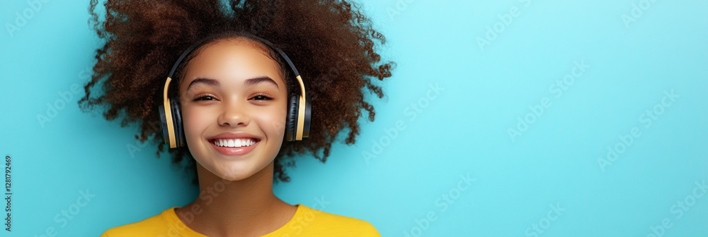 A cheerful girl with headphones, beaming a smile against a mint background, reflecting the concept of music enjoyment or learning in a light, positive, and modern setting, banner