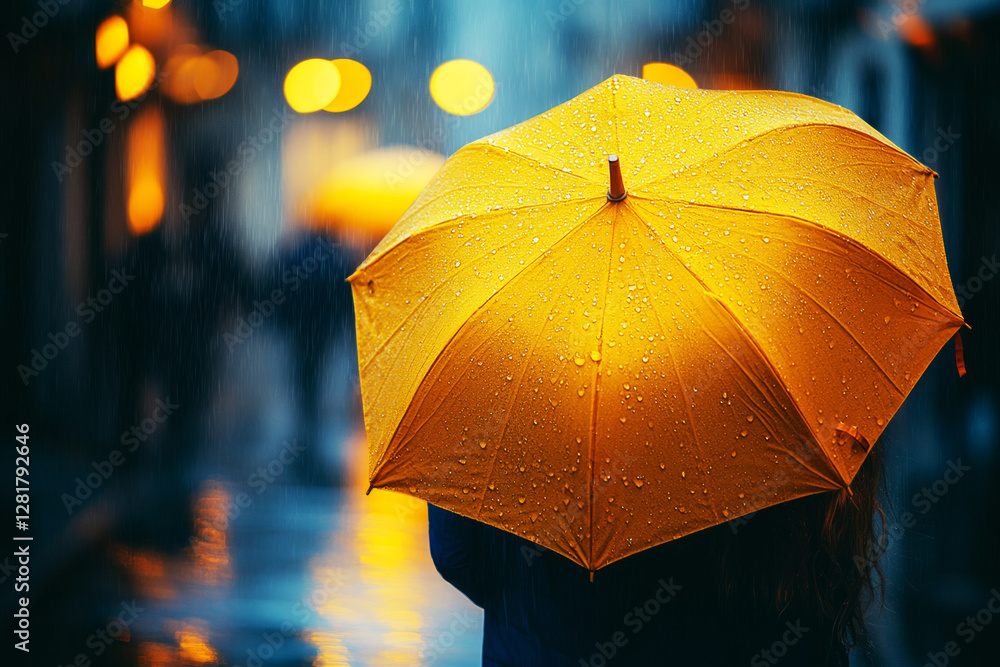 A couple shares a large yellow umbrella on a rainy provincial street, the muted colors of the scene creating a serene and relaxed atmosphere, with gentle rain falling softly around them