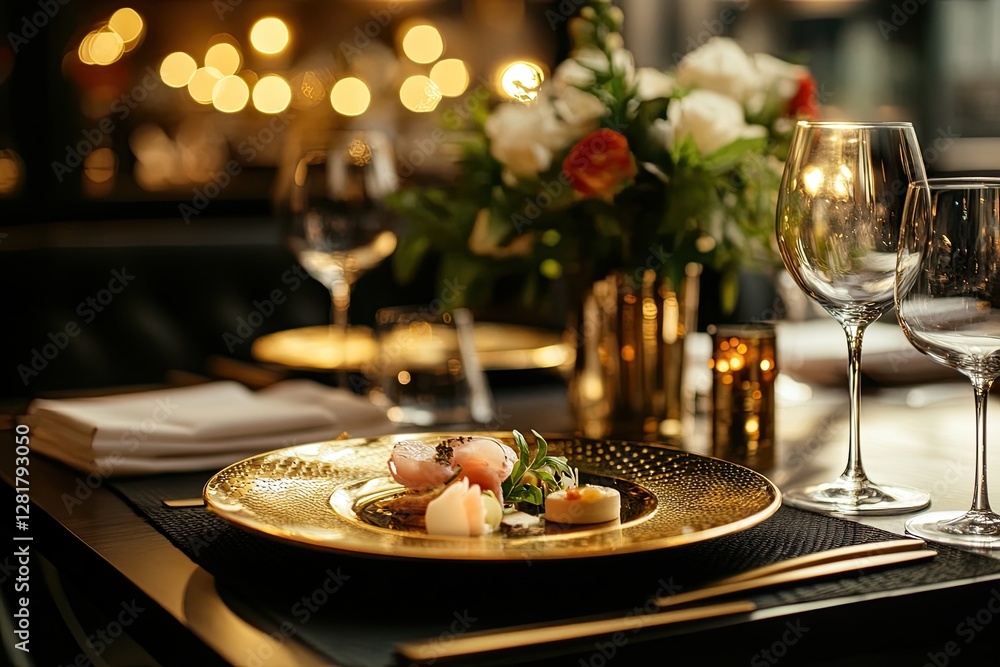 Fototapeta premium Fine - dining restaurant with gold - accented decor, gourmet plates, and ambient lighting