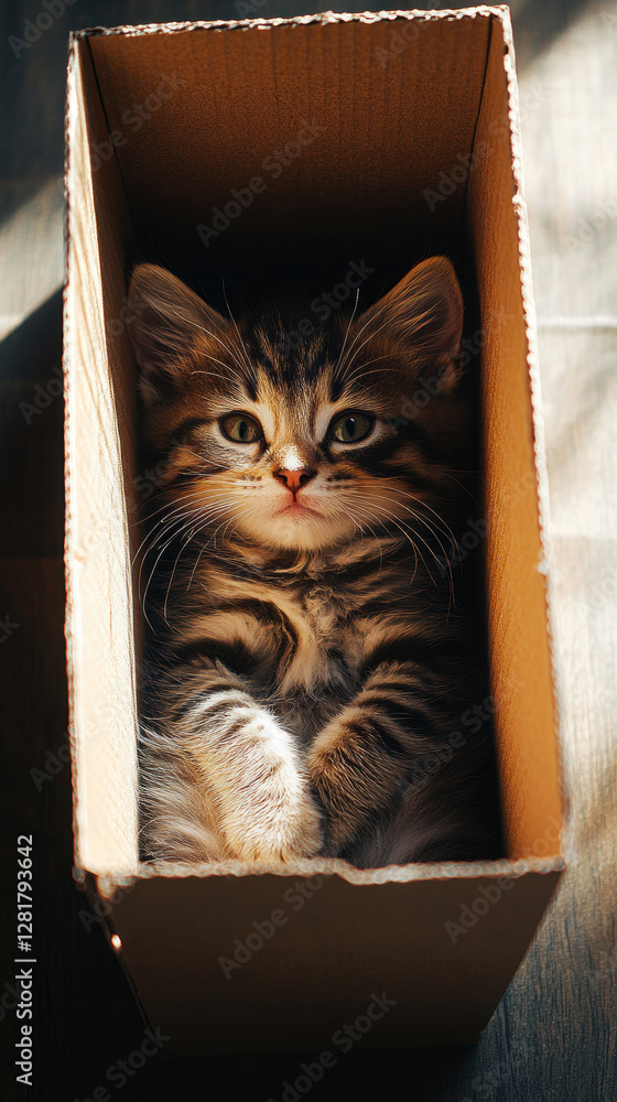 A soft, fluffy kitten rests in the corner of a box, cozy and quiet, with its fur gentle against the plain cardboard