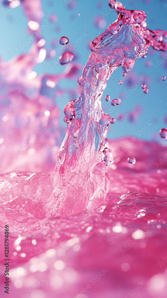 The pink ink dissolves gently in light blue water, forming a surreal, abstract background full of fluid movement and vibrant color blending