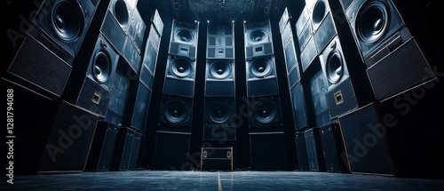 Wallpaper Mural Towering speakers form a wall of sound in an empty auditorium, waiting to thunderously vibrate the air with music and energy. Torontodigital.ca