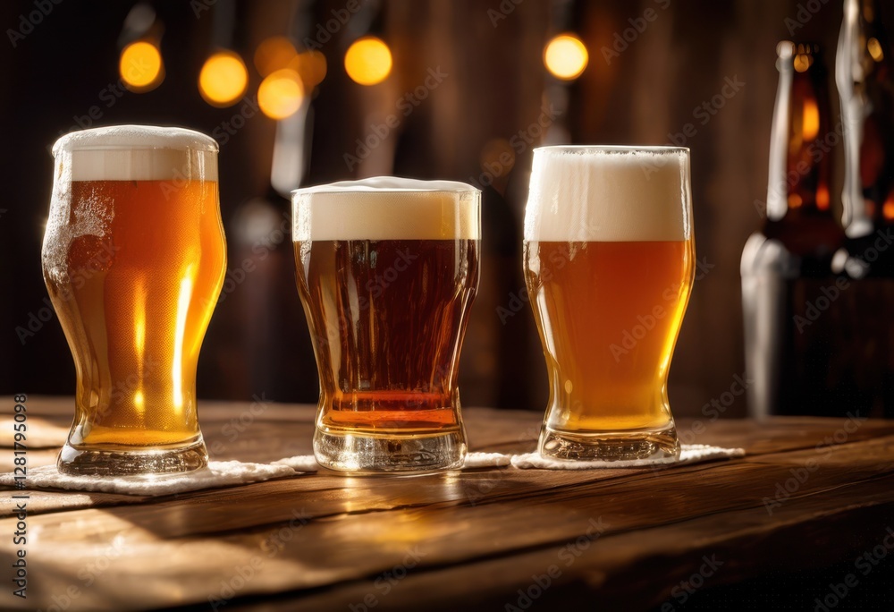 close visuals frothy beer glasses elegantly placed rustic wooden table capturing textures colors, foam, beverage, alcohol, amber, golden, liquid, bubbles close visuals frothy beer glasses elegantly placed rustic wooden table capturing textures colors, foam, beverage, alcohol, amber, golden, liquid, bubbles