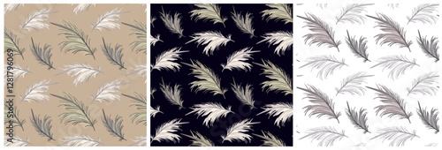 Elegant Boho Feather Patterns in Neutral, Dark, and Light Tones – Seamless Decorative Textile and Wallpaper Design