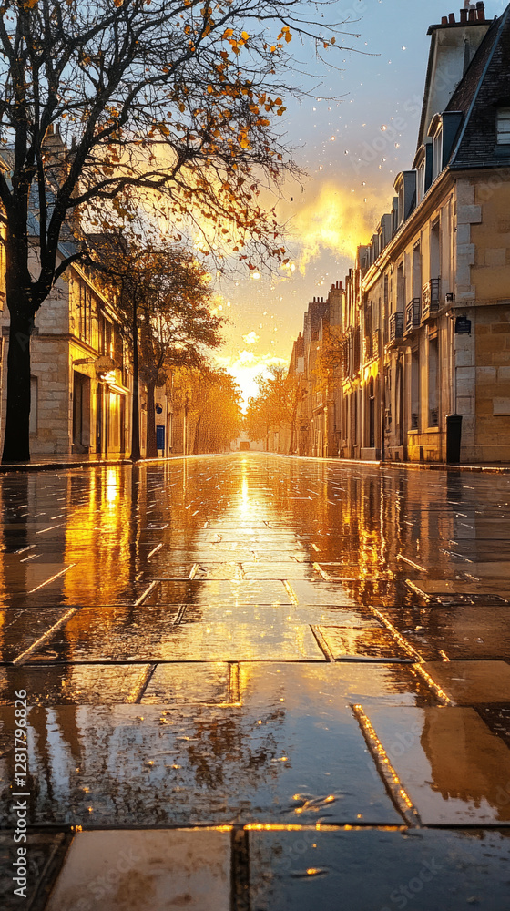 The city street is wet and calm during the rain in the early morning, with fresh droplets splashing from rooftops, soft light filtering through the clouds and a tranquil, reflective mood