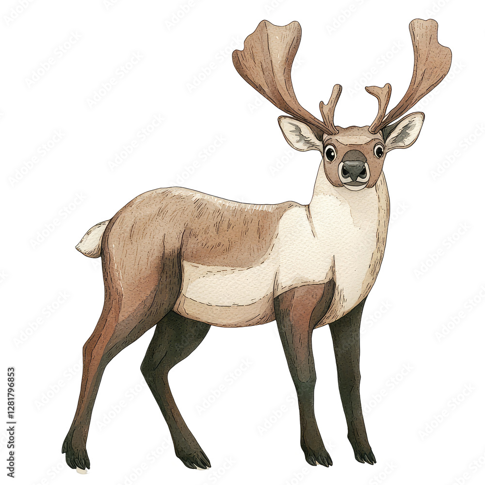 Obraz premium Detailed Illustration of a Caribou with Antlers in a Natural Pose for Wildlife Arts and Educational Purposes