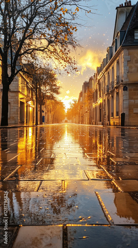 Obraz na płótnie The city street is wet and calm during the rain in the early morning, with fresh droplets splashing from rooftops, soft light filtering through the clouds and a tranquil, reflective mood w salonie