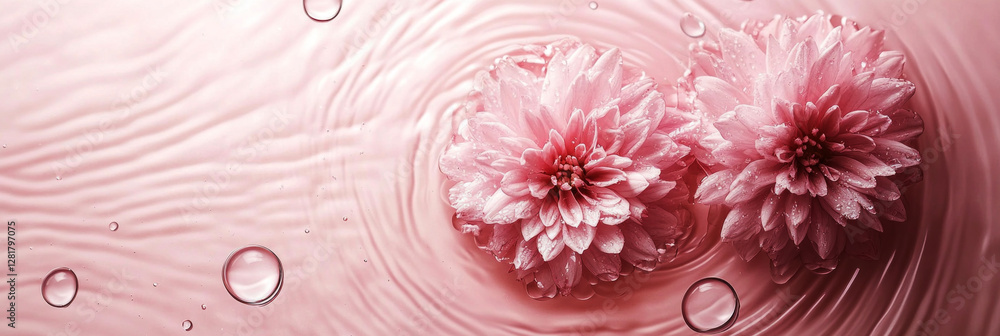 Pink flowers rest on the surface of muted pink water, their soft petals and ripples creating an elegant, peaceful scene from a top view, banner