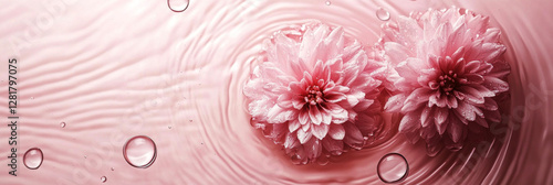 Obraz na płótnie Pink flowers rest on the surface of muted pink water, their soft petals and ripples creating an elegant, peaceful scene from a top view, banner w salonie