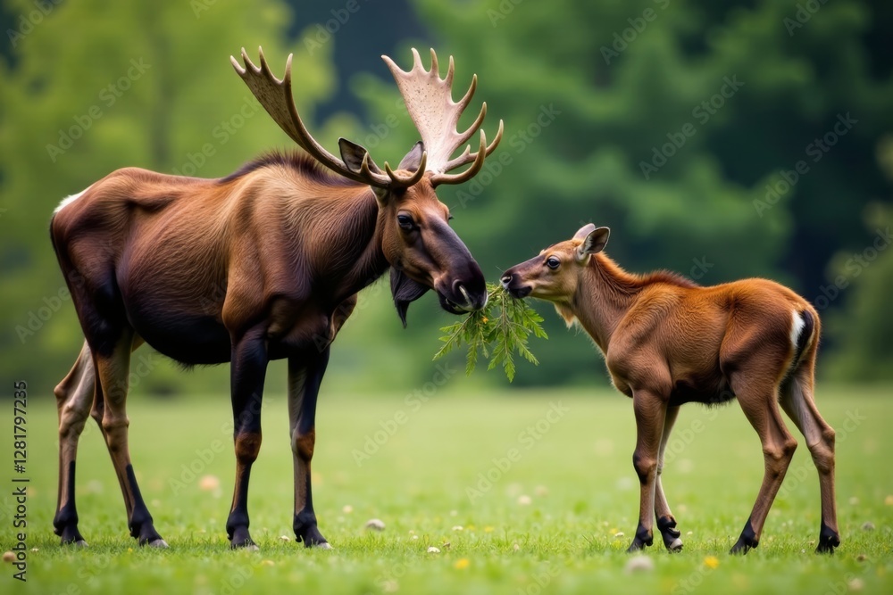 Mother moose calf reaches out to nibble on a twig branch , forest, wild animals, wildlife Mother moose calf reaches out to nibble on a twig branch , forest, wild animals, wildlife