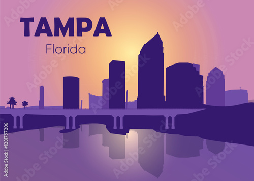 Tampa Florida city silhouette and pink and purple background, skyline with a vibrant sunset