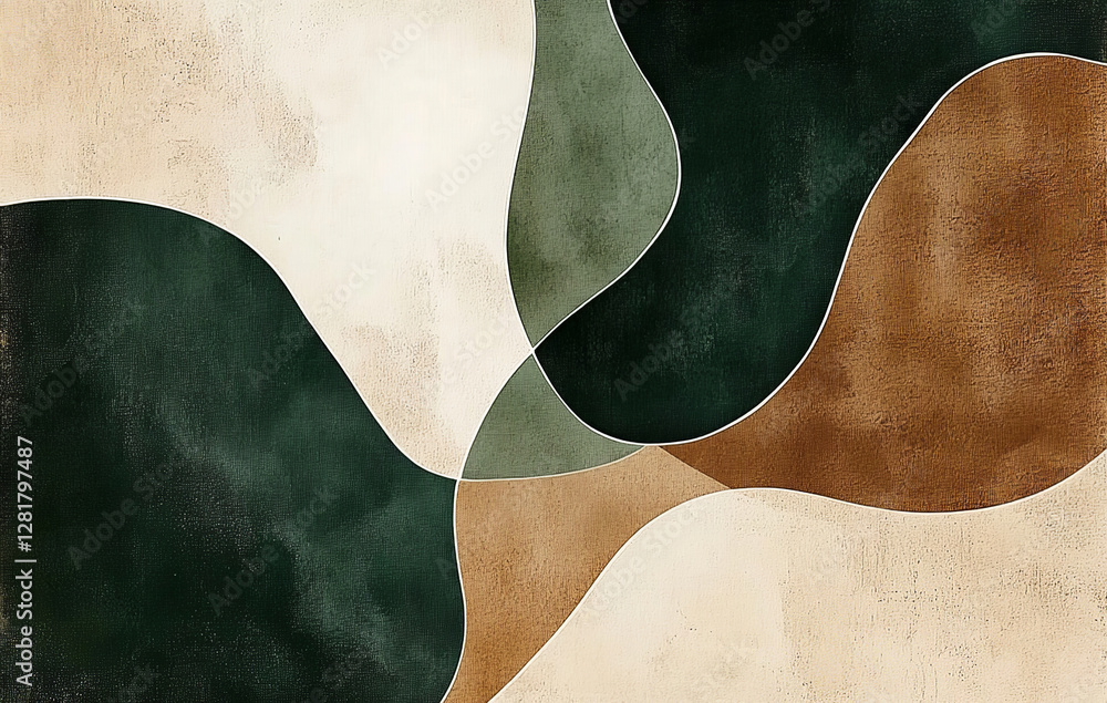 A realistic abstract painting with flowing organic shapes in shades of deep green, beige and brown. Colors should display natural textures, reminiscent of stone or fabric surfaces, with soft lighting A realistic abstract painting with flowing organic shapes in shades of deep green, beige and brown. Colors should display natural textures, reminiscent of stone or fabric surfaces, with soft lighting