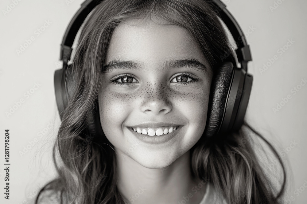 A portrait of a smiling girl with headphones, set against a contrasting black and white background, emphasizing her joyful expression and the simplicity of the design