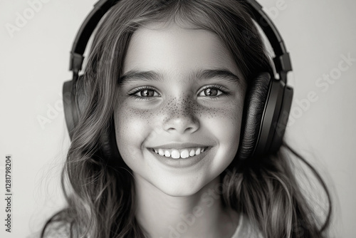 Obraz na płótnie A portrait of a smiling girl with headphones, set against a contrasting black and white background, emphasizing her joyful expression and the simplicity of the design w salonie