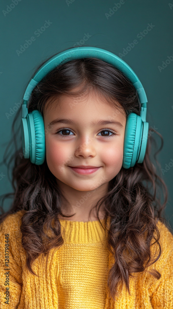 A close-up of a smiling girl wearing headphones, with a refreshing green backdrop, capturing the essence of happiness and music appreciation in a vibrant and youthful style
