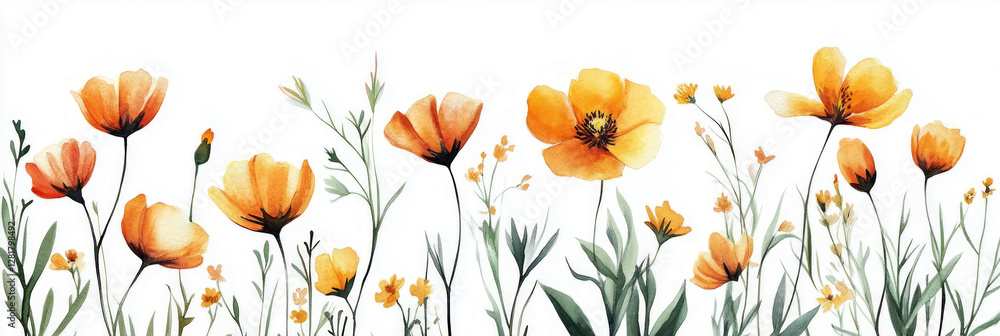 Wildflowers painted in watercolor style, isolated against a crisp white background, offering a clean, simple design ideal for botanical-themed posters and minimalist art, banner