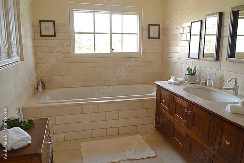 Discover the essence of refined relaxation in this uncluttered garden villa spa bathroom. Enveloped by an immaculate white environment, the tub, basin, and storage are methodically arranged  photo