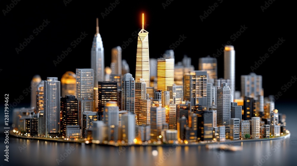 Fototapeta premium Miniature City Skyline at Night with Illuminated Buildings and Towers