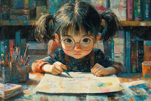 Girl with round glasses working on a school project at a desk with paints and paper