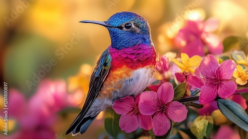 Colorful hummingbird on vibrant flowers in garden setting photo