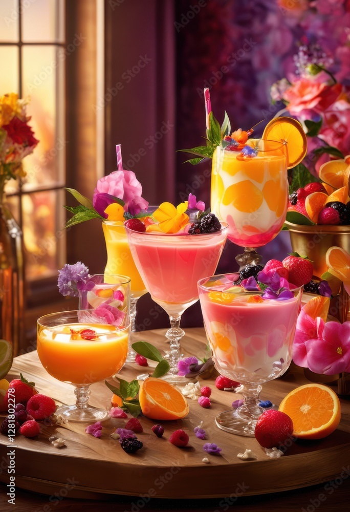 vibrant setup featuring creative milk cocktail ingredients including colorful unique delightful garnishes, smoothie, fruits, recipes, drinks, mixology vibrant setup featuring creative milk cocktail ingredients including colorful unique delightful garnishes, smoothie, fruits, recipes, drinks, mixology